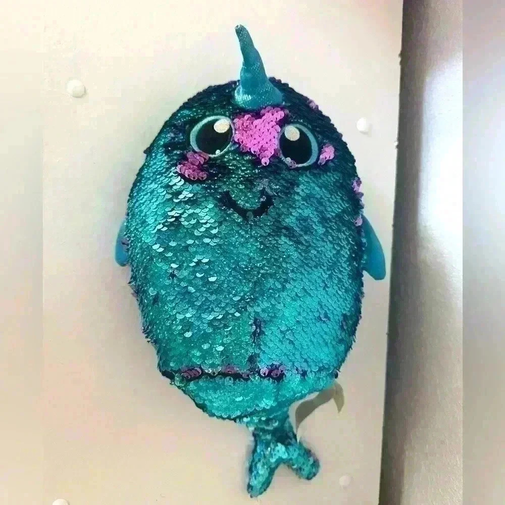 Shimmeez Plush Narwhal Reversible Sequins Teal Pink Kids Toy